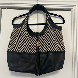 Big‎ Buddha Chevron Tassel Boho Shoulder Bag Black Beige Faux Leather